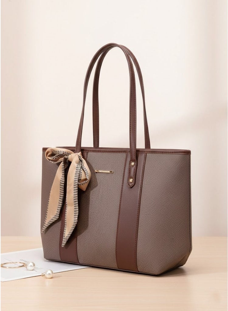 FUMES Coffee Brown Women’s Elegant Panel Tote Handbag with Scarf Detail – Structured Premium Shoulder Bag - Image 1